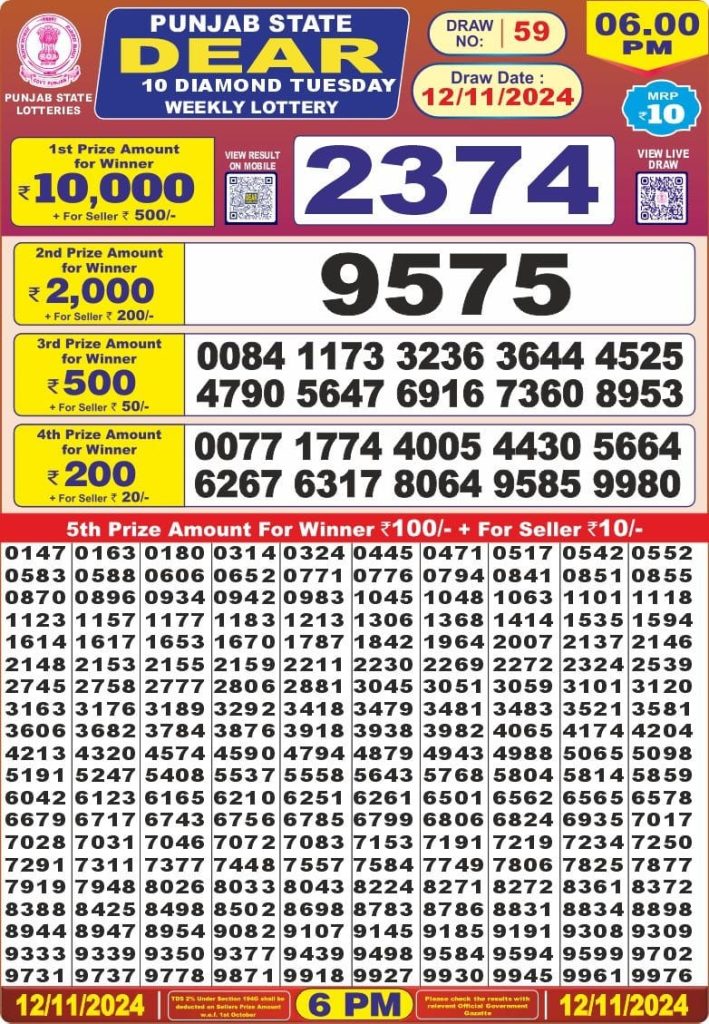 punjab state dear 10 lottery result 6pm