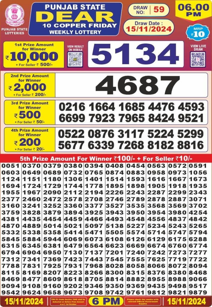 punjab state dear 10 lottery result 6pm