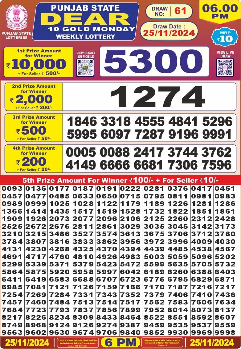 punjab state dear 10 lottery result