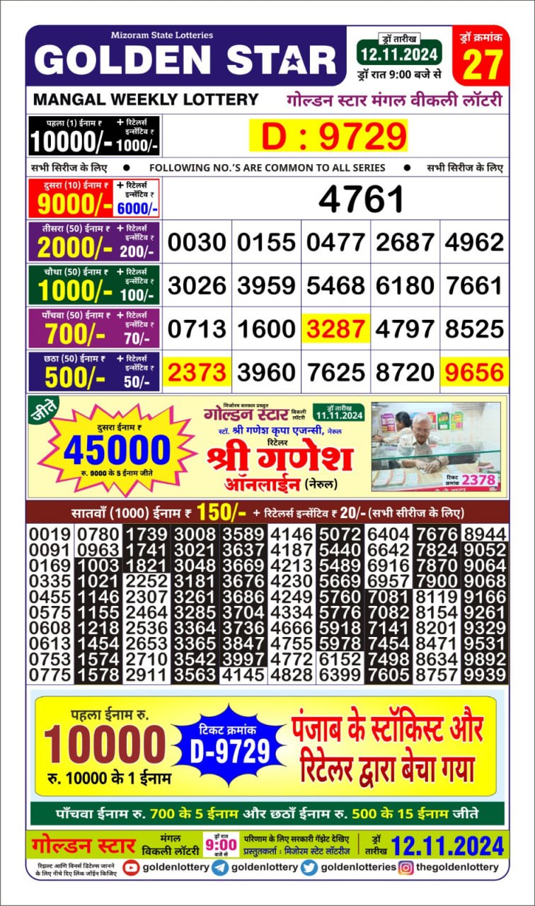 golden Star lottery result 9pm