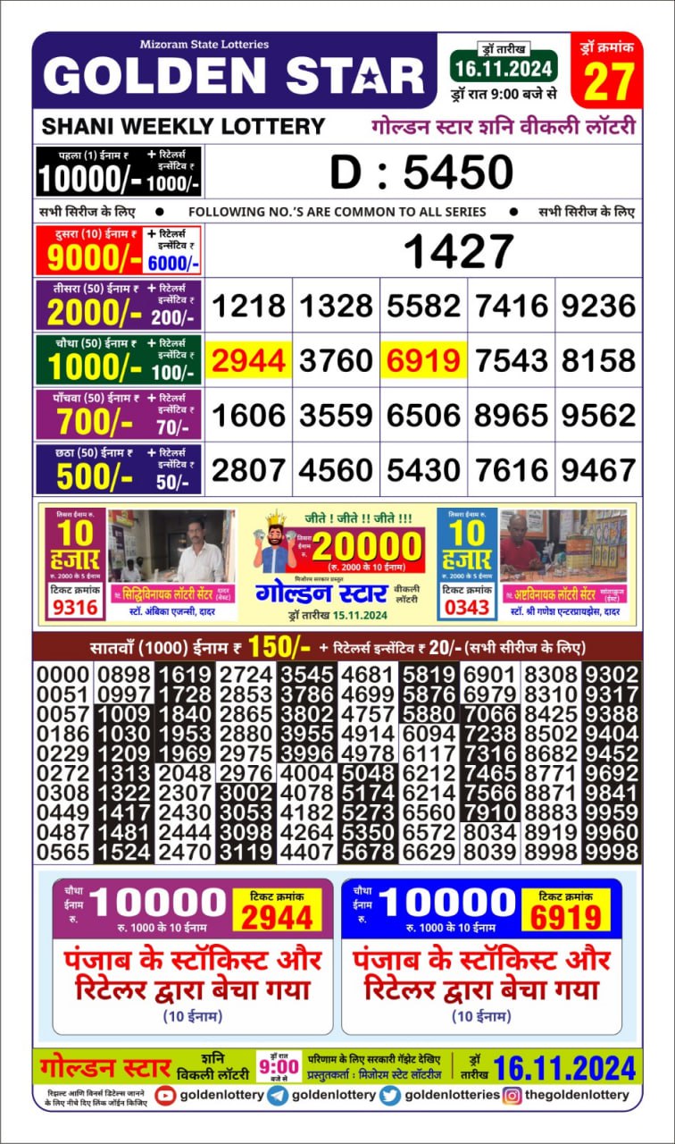 golden Star lottery result 9pm