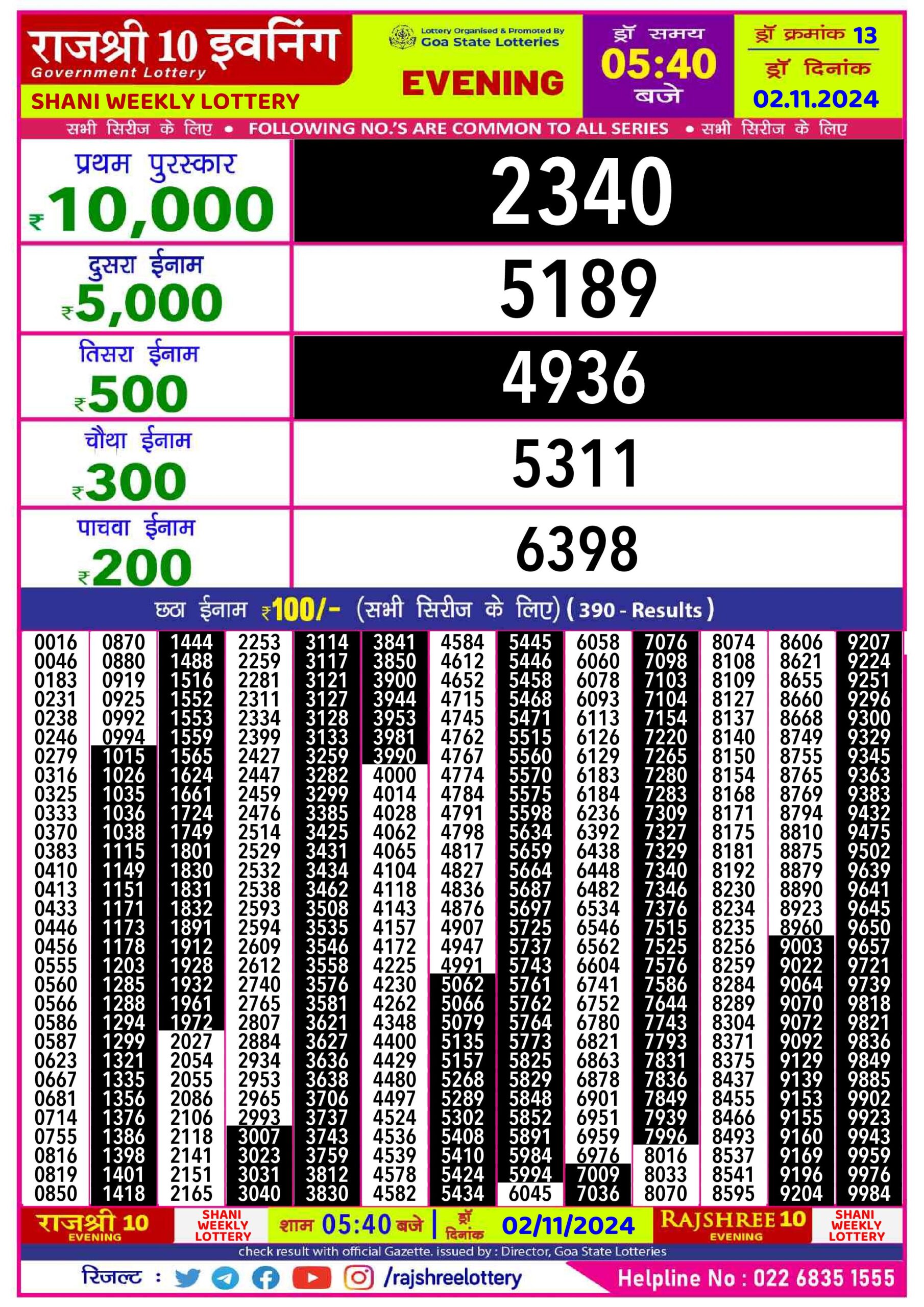 rajshree 10 evening weekly lottery result 5:40pm