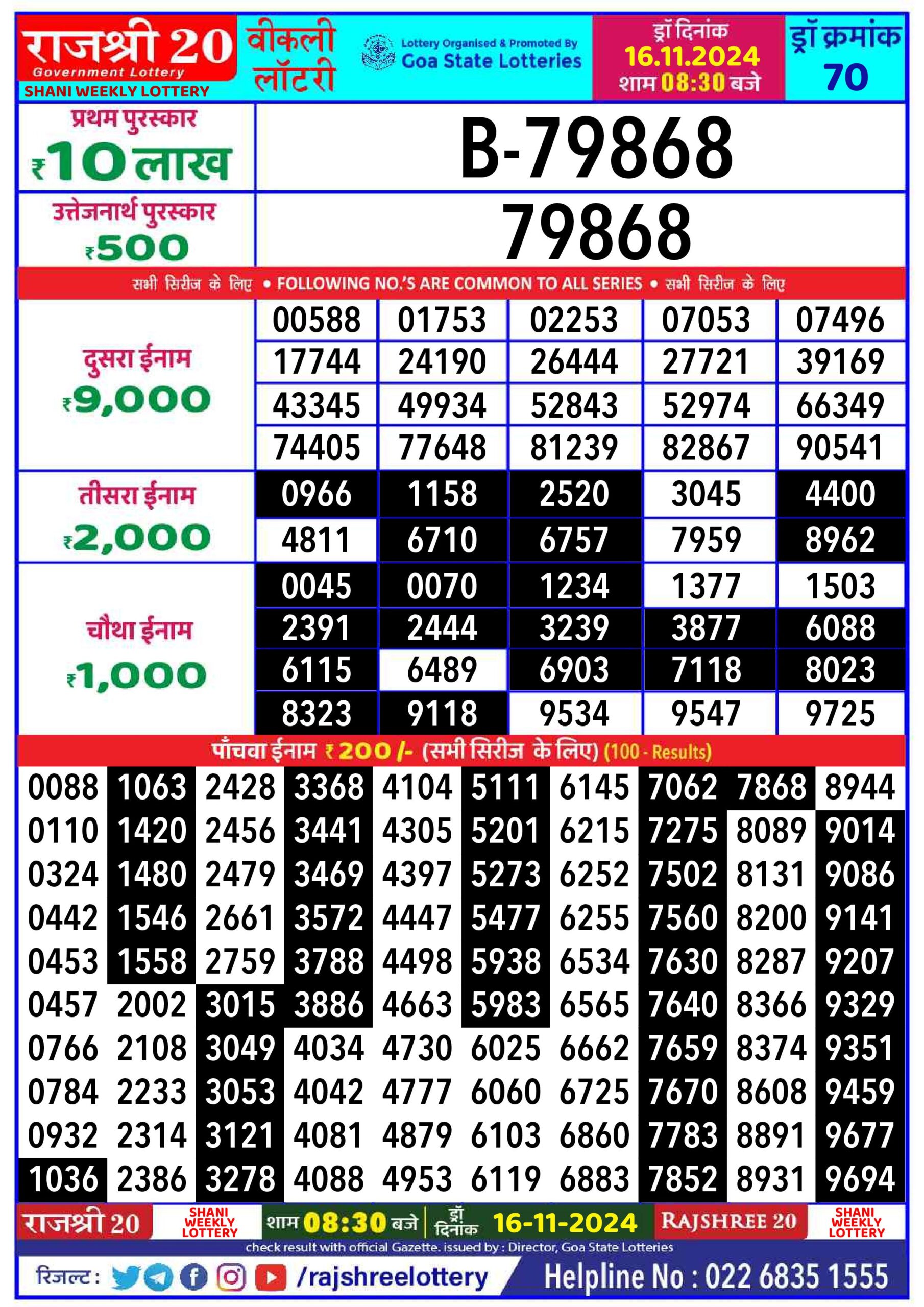 rajshree 20 lottery result 8:30pm