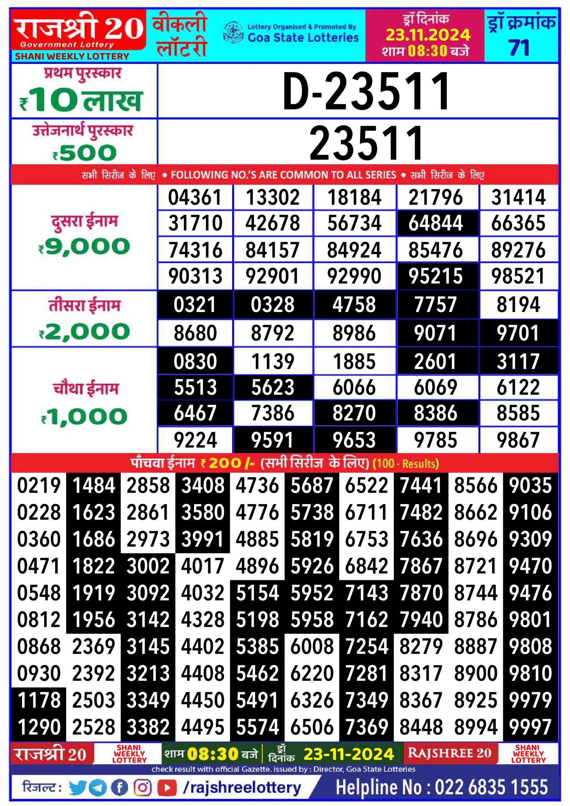 rajshree 20 lottery result 8:30pm