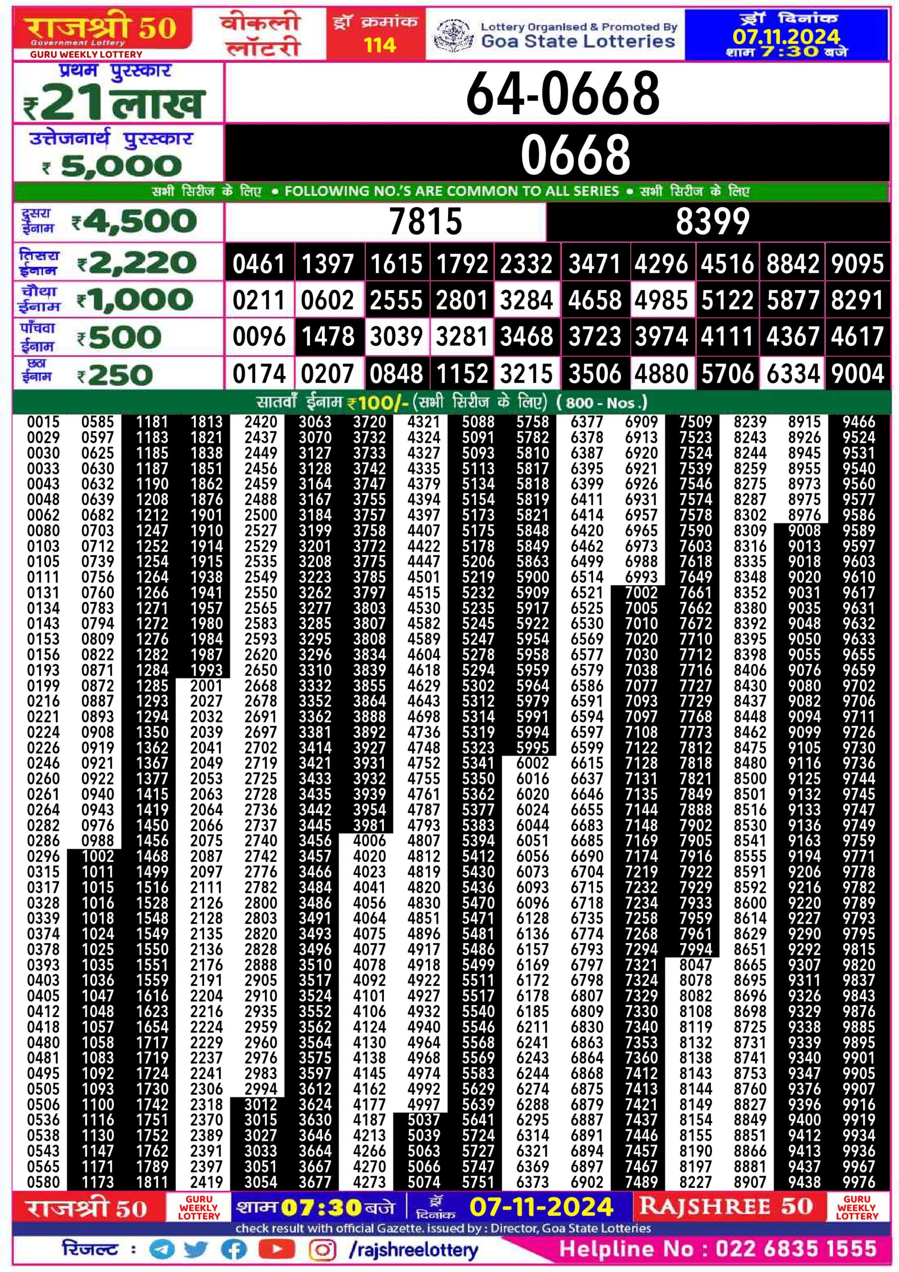 rajshree 50 lottery result 7:30pm