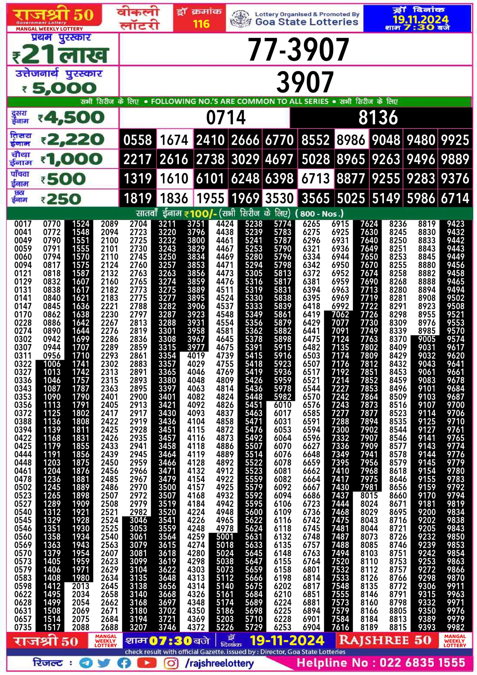 rajshree 50 lottery result 7:30pm