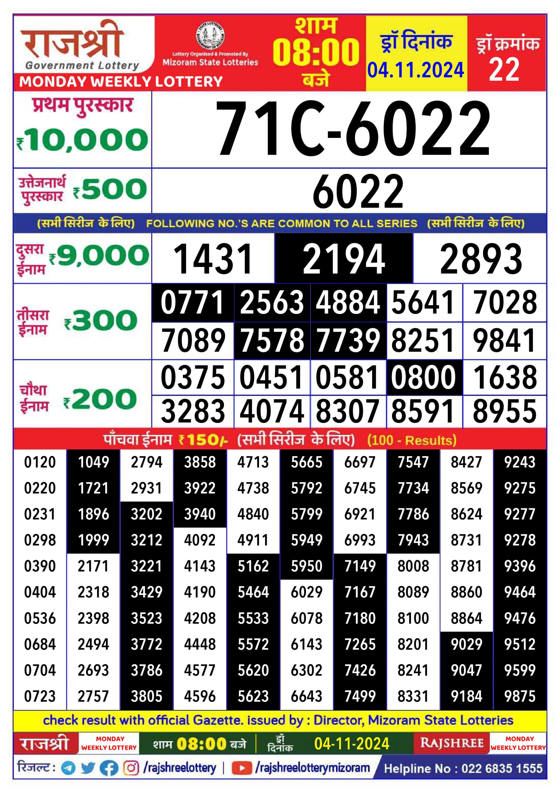 rajshree lottery result 8pm