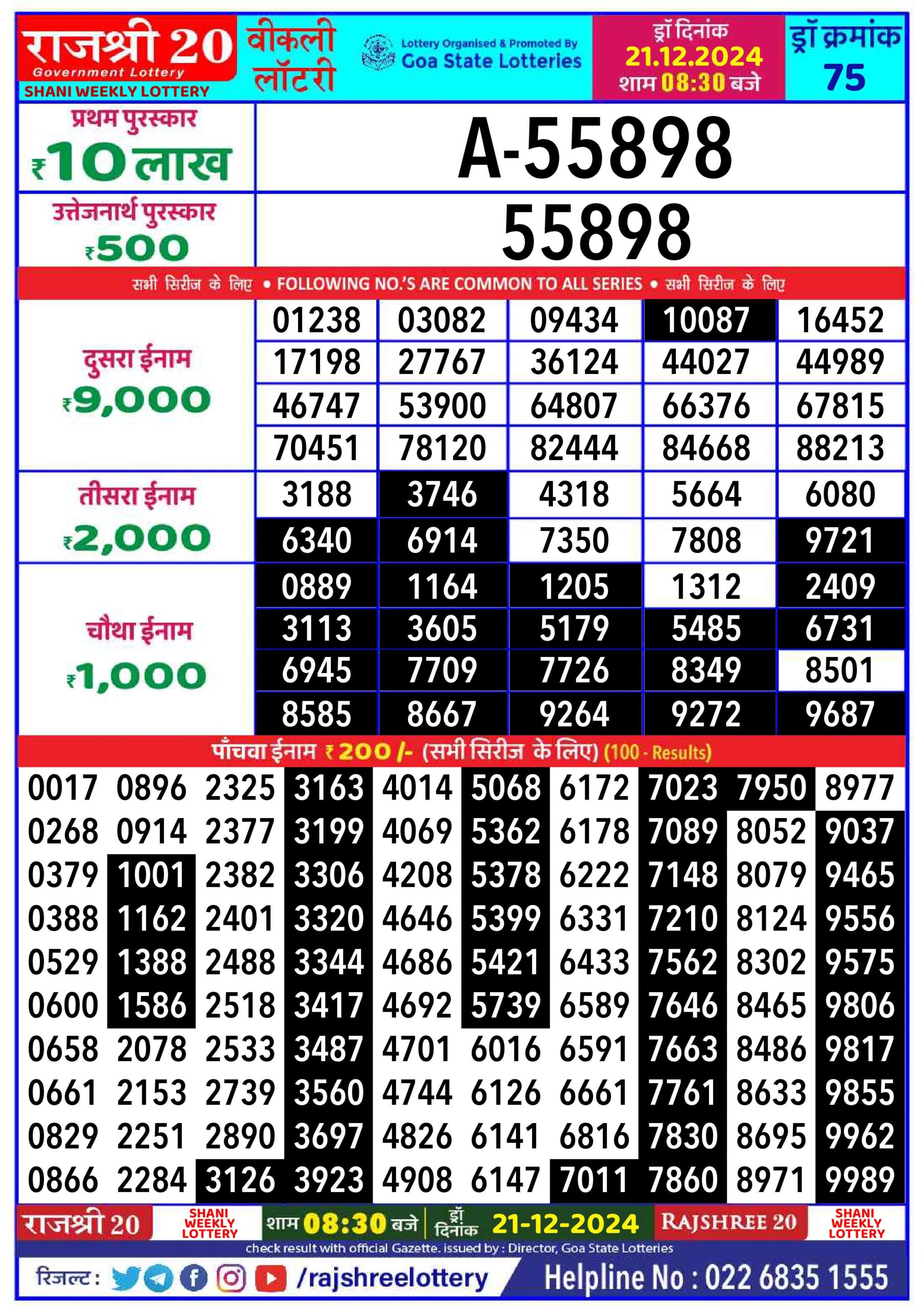 rajshree 20 lottery result - rajshree 20 shani weekly lottery